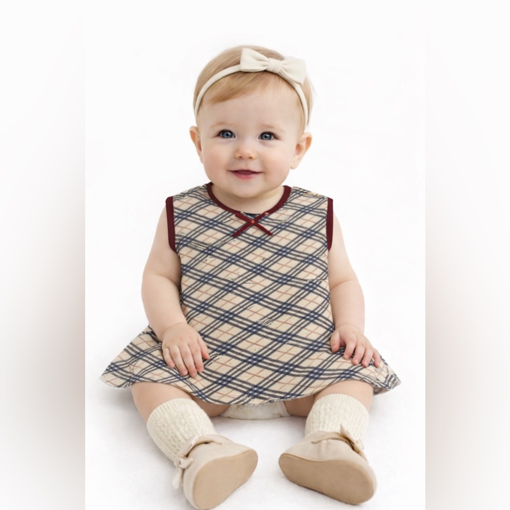 BURBERRY Newborn Infant Baby Girl Nova Check Plaid Bow Short Sleeve Dress